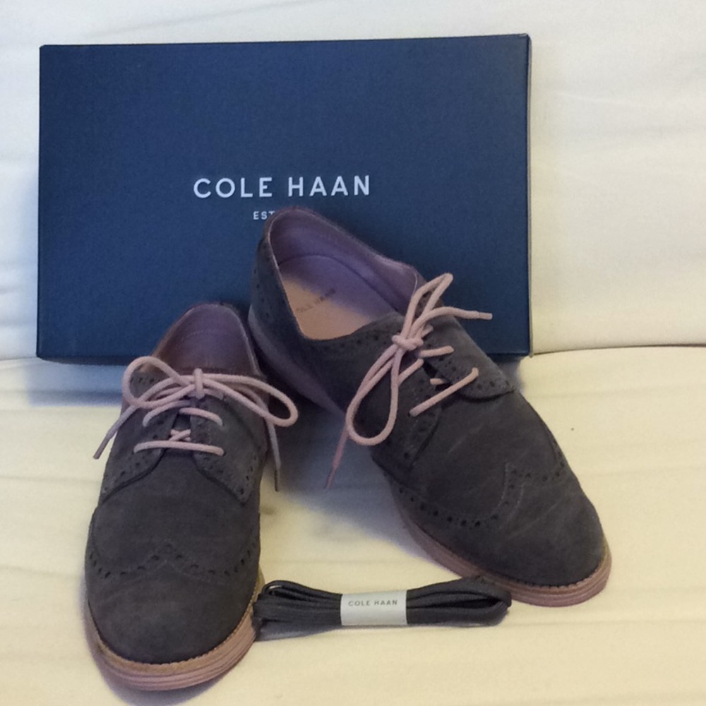 Cole Haan Gray Suede Wing Tips with Pink Soles 8.5